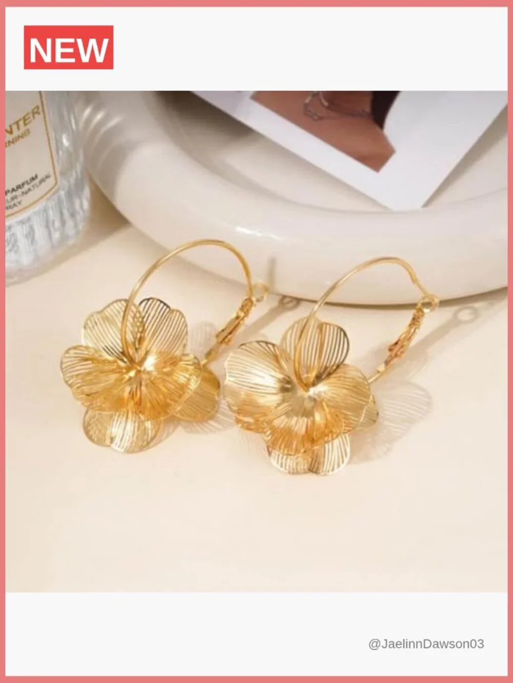 Dangle Flower Gold Earrings for Women, Trendy Statement Hoop Earrings, Floral